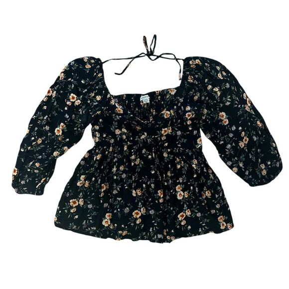 American Eagle Black Floral Puff Sleeve Blouse - Picture 1 of 3